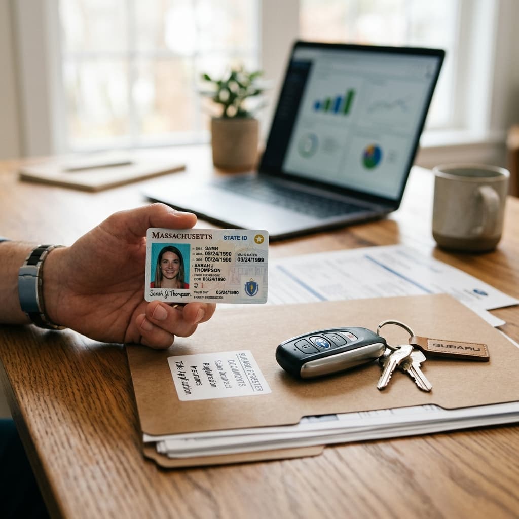 A hand holding a state ID card on the left and a set of car keys on the right, both resting on a wooden desk above a folder of car paperwork.