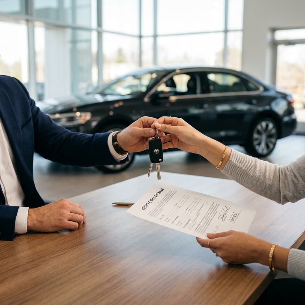 Two hands meeting over a desk passing car keys and a signed bill-of-sale document with a sedan silhouette in the background.