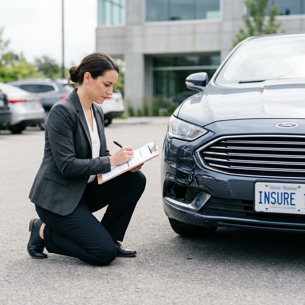 An insurance adjuster in business attire kneeling beside a damaged front bumper of a sedan, holding a clipboard and writing notes.