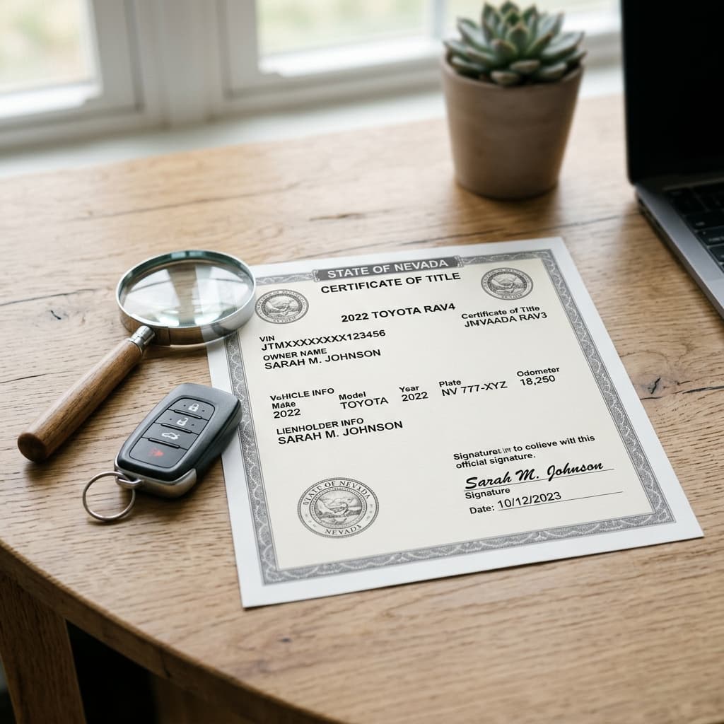 A clean white car title document laid flat on a desk next to a magnifying glass and car keys.