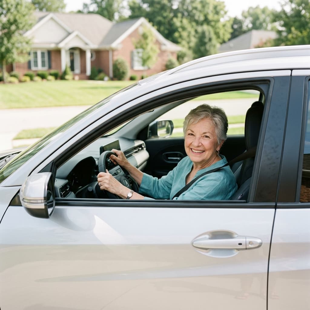 A senior driver smiling behind the wheel of a small SUV with large windows, parked in a sunny suburban driveway.