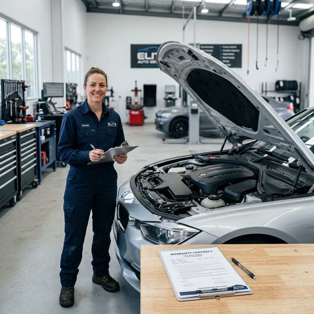 A mechanic in clean uniform standing next to an open car hood with a clipboard and a warranty contract document on the workbench in front.