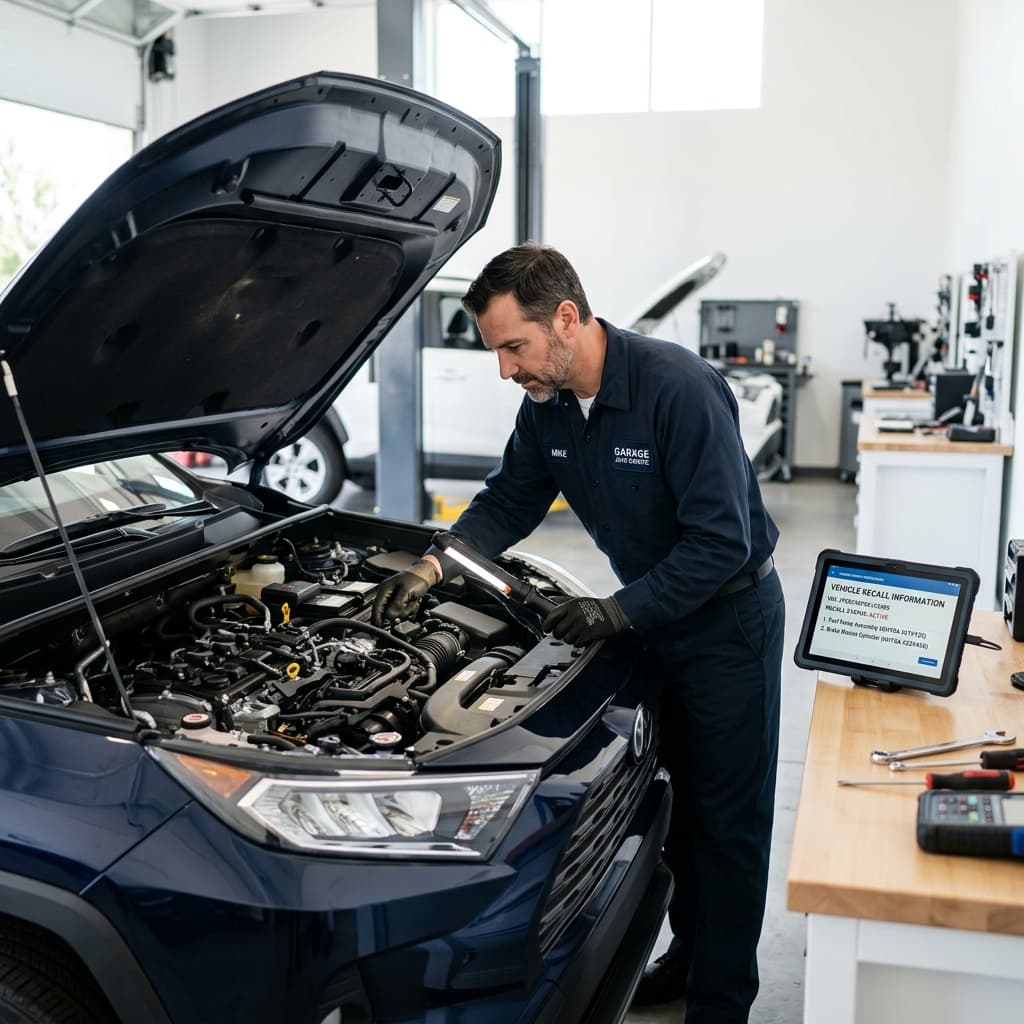 A mechanic inspecting the engine bay of an SUV in a clean, well-lit service garage, with a tablet displaying recall information on the workbench beside.