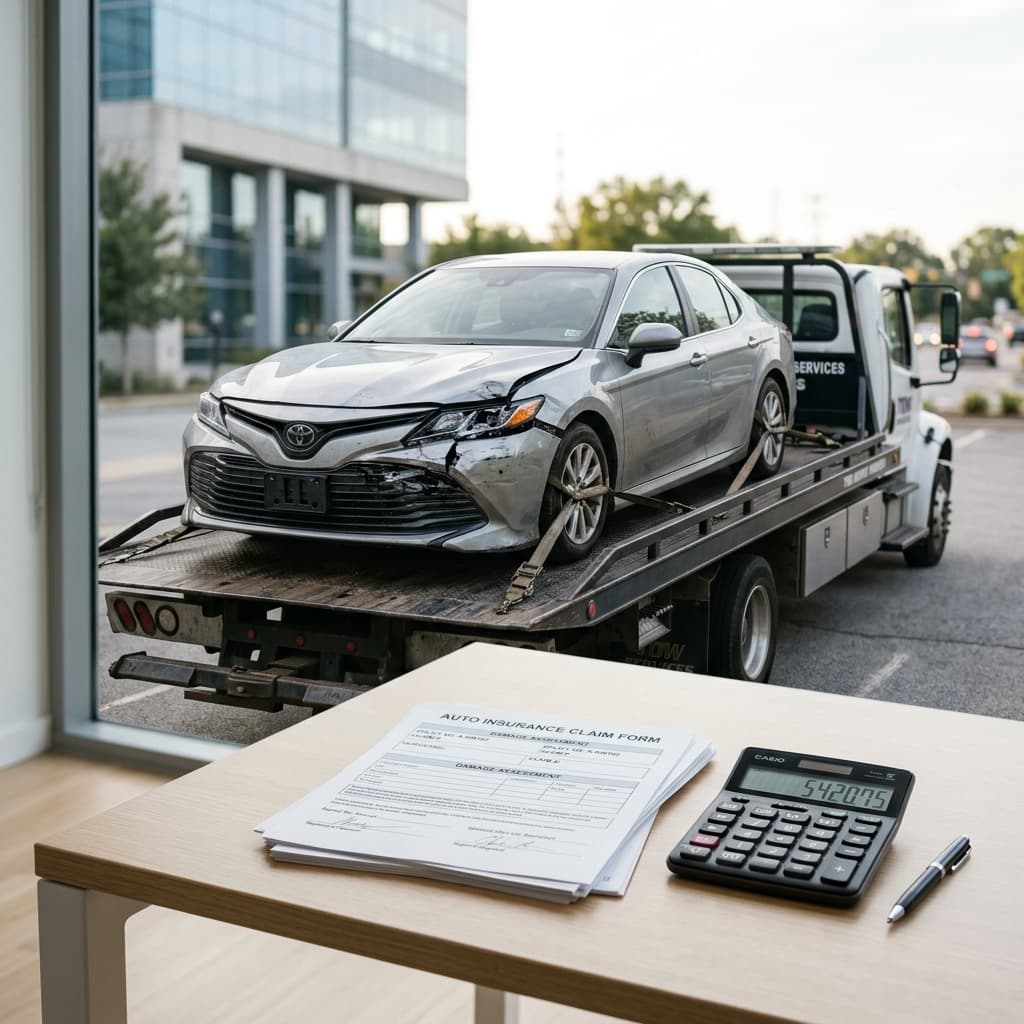 A damaged sedan with a crumpled front bumper sitting on a tow truck flatbed, with insurance paperwork and a calculator in the foreground.