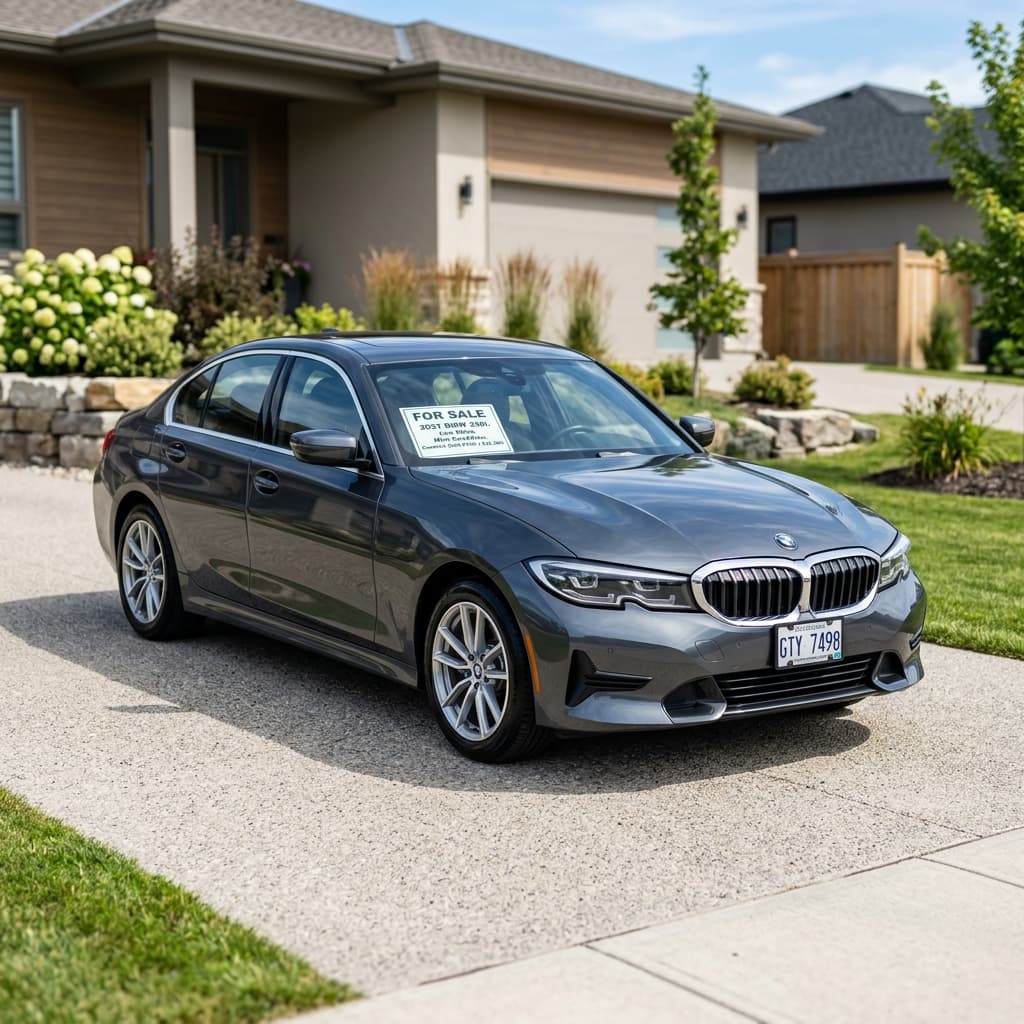A clean, freshly detailed sedan parked on a residential driveway on a bright sunny day.