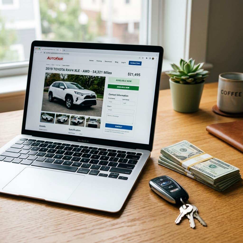 A used car listing displayed on a laptop screen with a small stack of cash and a set of car keys on the desk beside it.