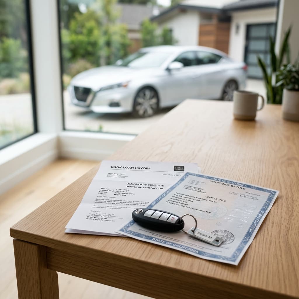 A car key sitting on top of a folded bank loan-payoff letter and vehicle title on a desk, with a sedan blurred in the background.