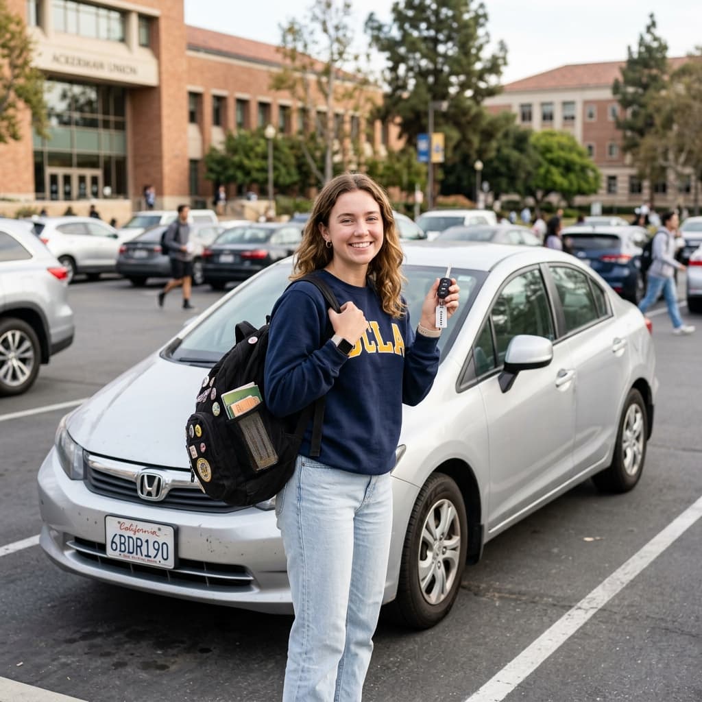 A young college student standing next to a small used compact sedan in a campus parking lot, holding car keys with a backpack on their shoulder.