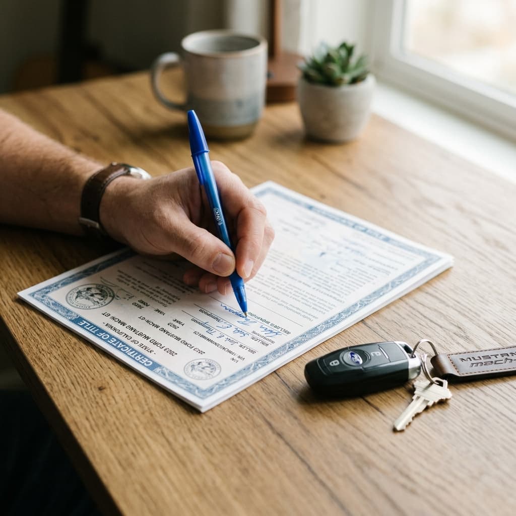A close-up of a hand signing a vehicle title document with a blue ballpoint pen on a wooden desk, with a set of car keys resting beside it.
