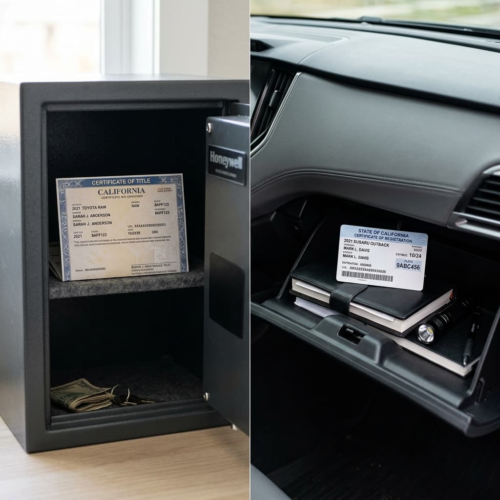 A vehicle title document inside a small home safe on the left and a vehicle registration card inside a glove compartment on the right.