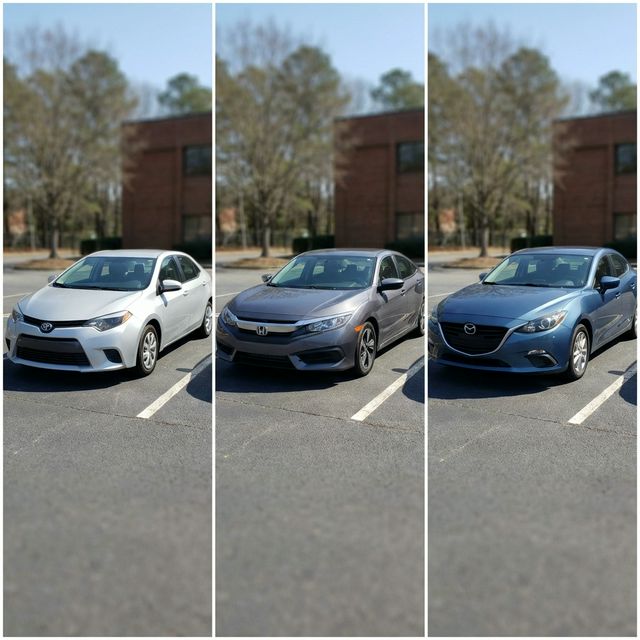 A collage of a Toyota Corolla, Honda Civic, and Mazda3 representing the top compact sedans under $10,000