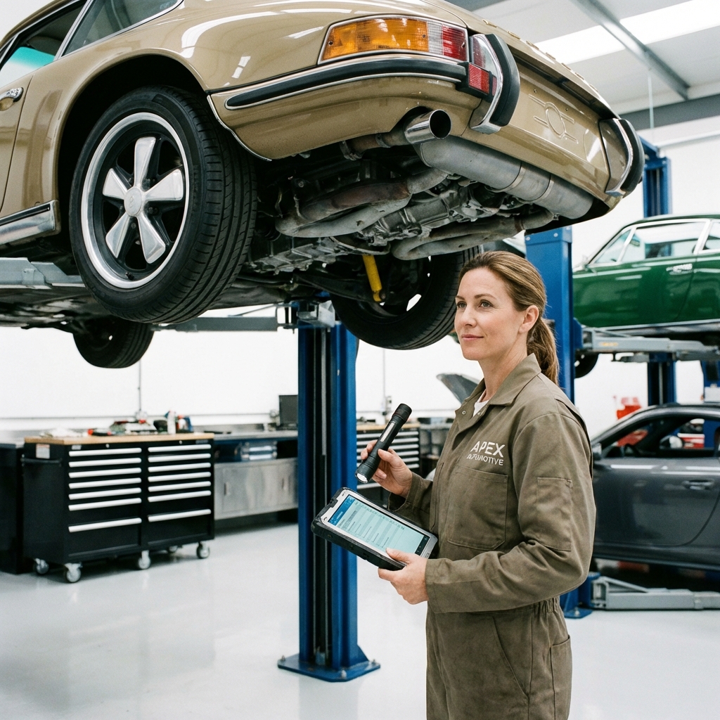 Mechanic performing a pre-purchase inspection on a used car
