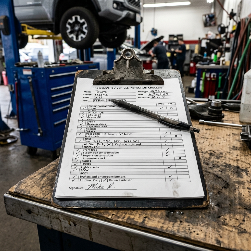A detailed vehicle inspection checklist on a clipboard