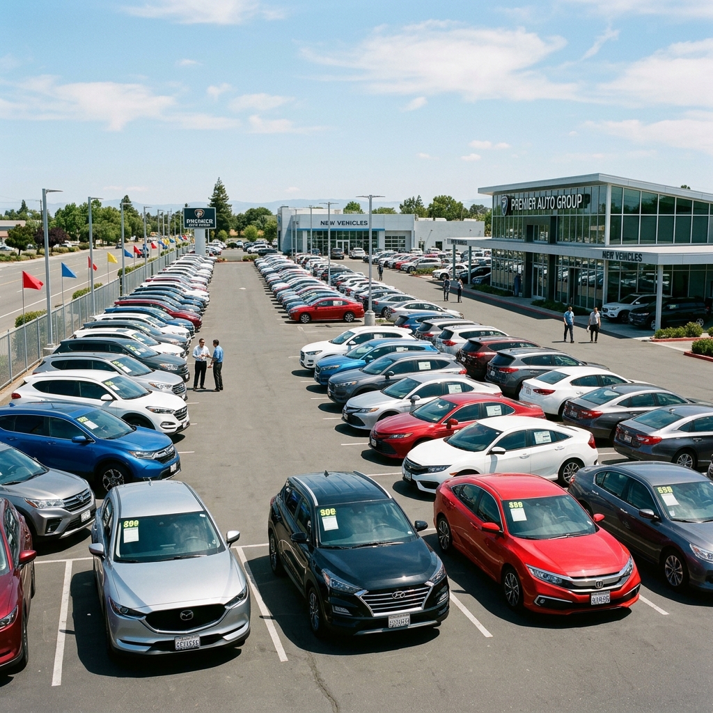 Rows of modern vehicles at a clean, sunny dealership lot