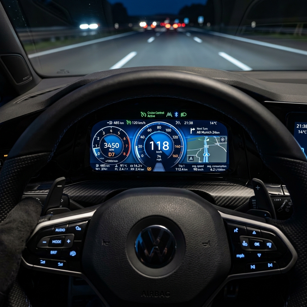 Modern digital vehicle dashboard displaying data and metrics