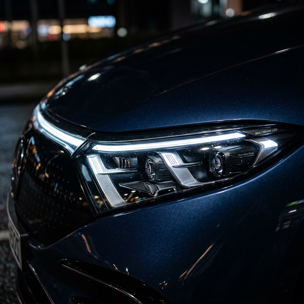Close-up detail of a modern vehicle headlight design