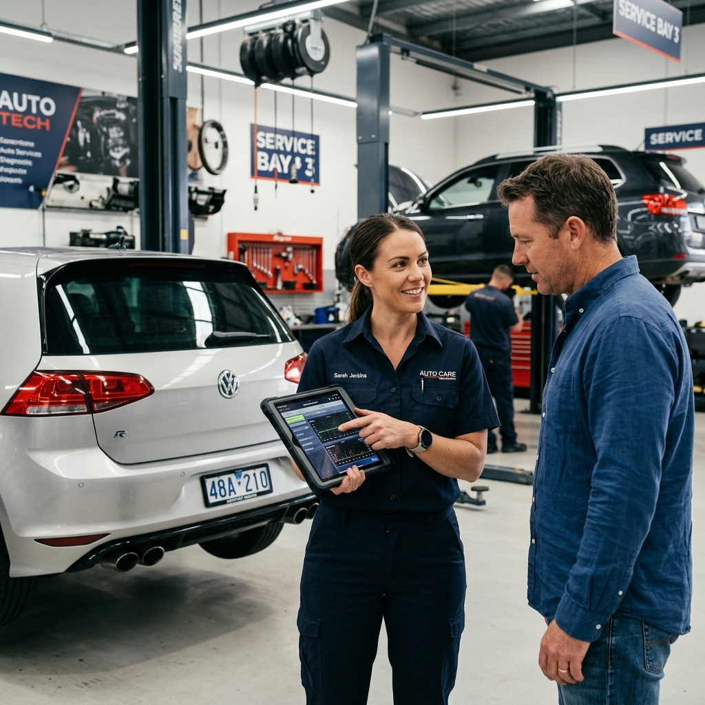 A mechanic helping a customer by inspecting a vehicle with a digital tablet